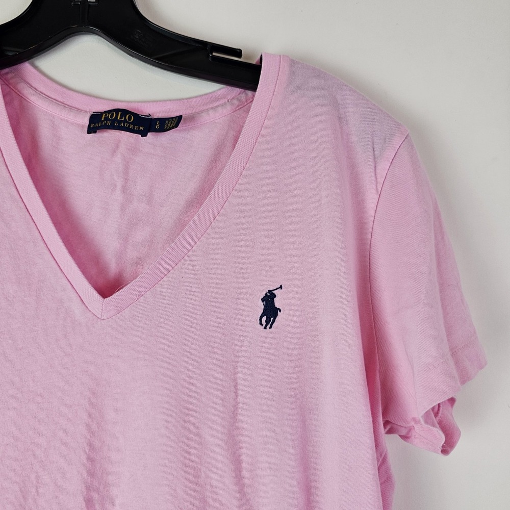 Polo Ralph Lauren T-Shirt Womens Large Pink V-Neck SS Cotton Blue Pony Top Tee - Picture 4 of 8